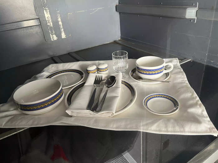 A set of custom Concorde china dishes was on display — no plastic cutlery here.