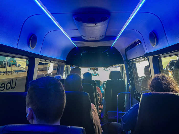 Once on the bus, I counted 14 seats, with rows of two seats on the left, single seats on the right, and an aisle between them.