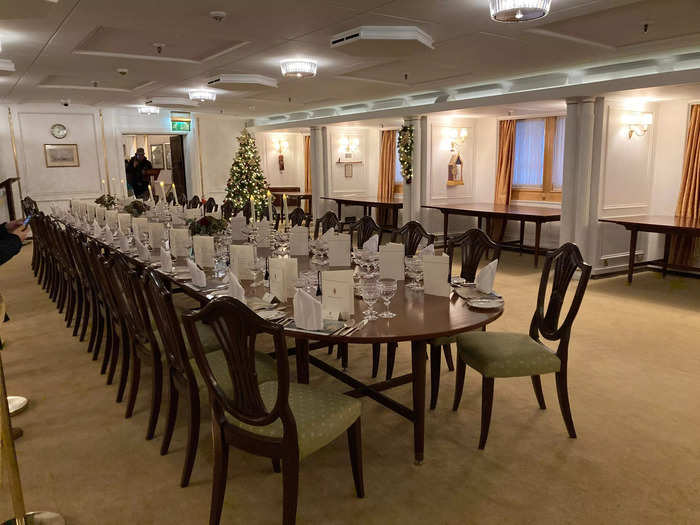 The state dining room is the largest room on the Royal Yacht Britannia.