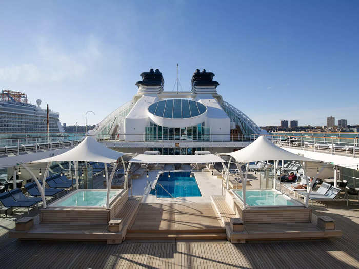 In addition to the poolside buffet and observation lounge, the ship offers traditional cruise amenities such as a spa, gym, theater, and casino.