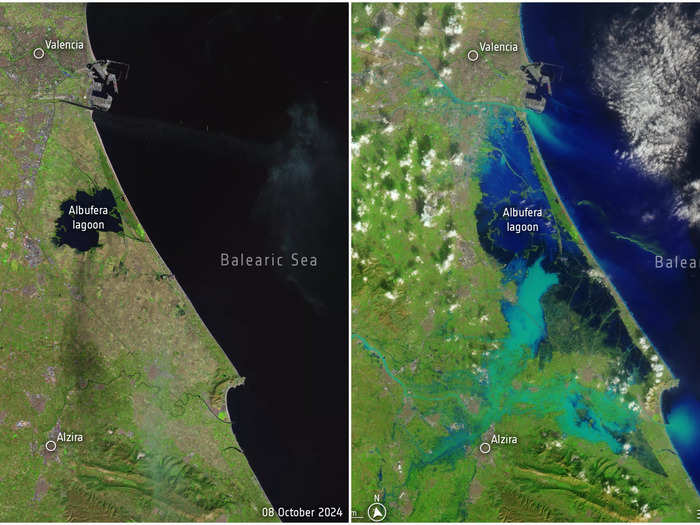 Satelite images show floods that stretch from Alzira toward Valencia.  