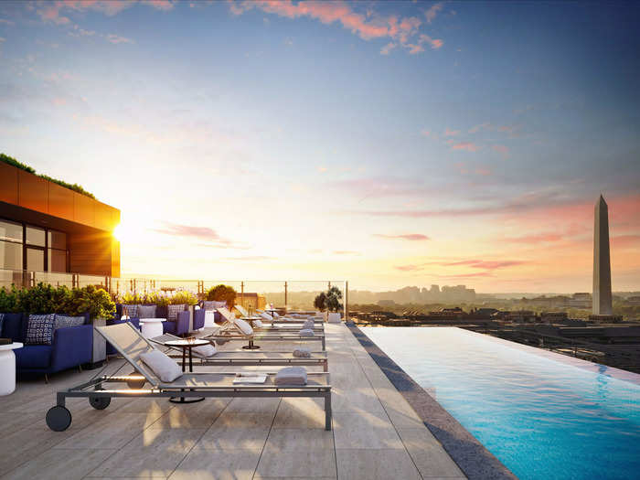 The highlight is a rooftop infinity pool that overlooks the National Mall.