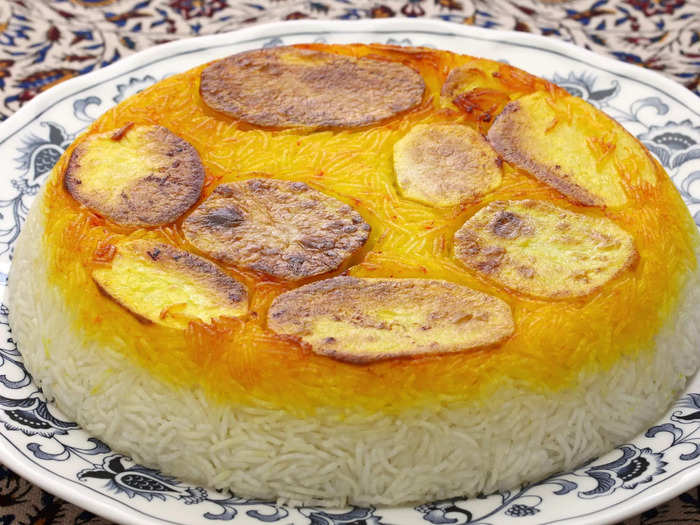 Persian potato tahdig is a crispy saffron-infused dish.