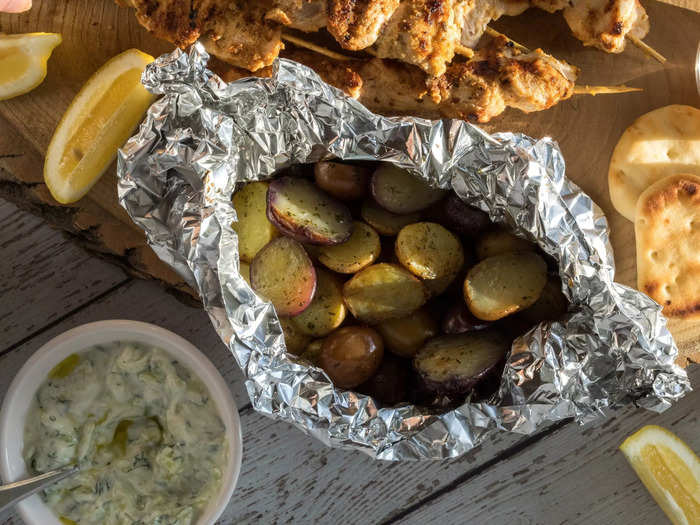 Greek lemoni patatas pair well with souvlaki or roast lamb.