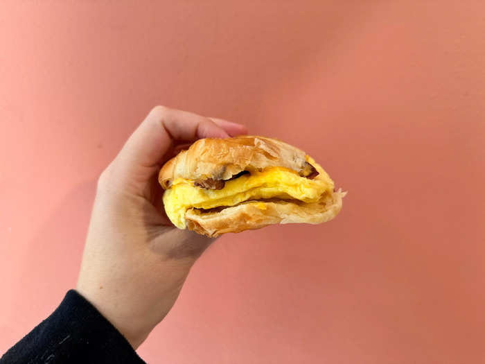 I ordered bacon, egg, and cheese on a croissant, but I wish I had skipped the bacon. 