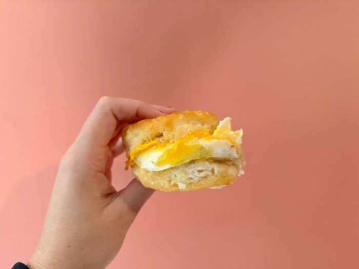 I got an egg-and-cheese sandwich on a flaky biscuit.