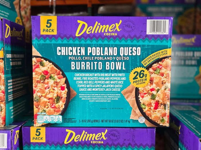 When I need a quick meal, I reach for the Delimex Cocina chicken-poblano-queso burrito bowls.