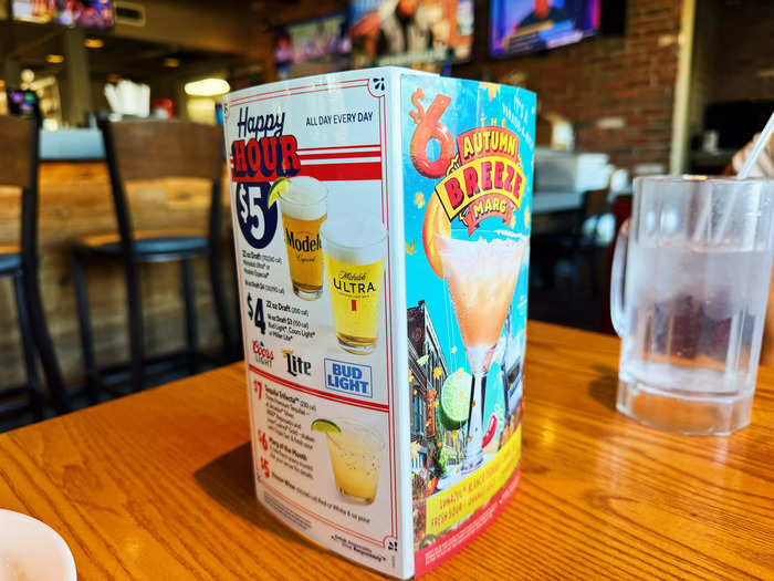 A stand-up menu in the center of the table advertised Chili