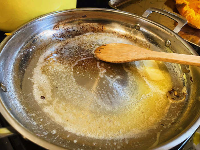 After the squash was done and set aside, I prepared the sauce in the same skillet I used to cook the onions.