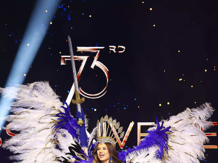 Miss Estonia Valeria Vasilieva brought the drama with a fierce and feathered national costume. 