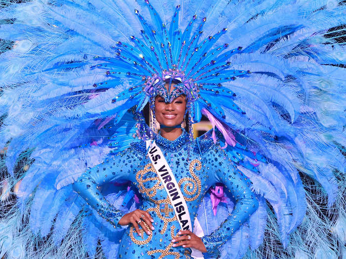 Miss US Virgin Islands Stephany Andujar brought the beauty of the ocean to the Miss Universe stage with her blue national costume. 