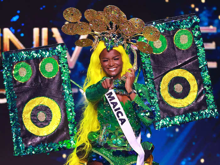 Miss Jamaica Rachel Silvera shimmered in a green and yellow costume that paid homage to her country