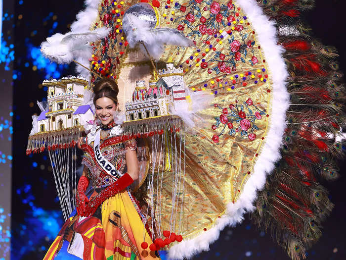 Miss Ecuador Mara Topić made an entrance with her national costume, which references the historic center of her country’s capital. 