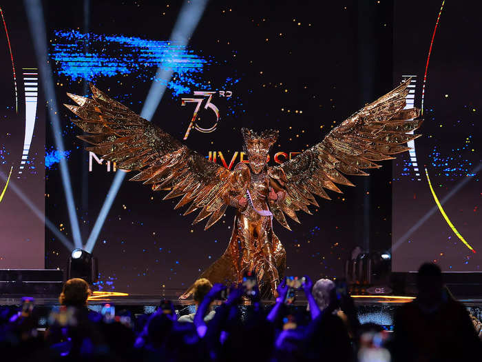 Miss India Rhea Singha also wore a bird-inspired costume as an homage to her country