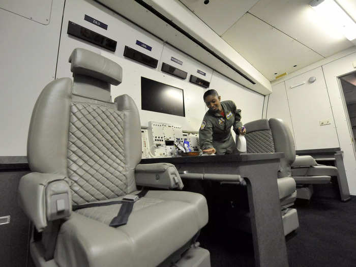 The rest area has 18 crew bunks, while the Secretary of Defense occupies private quarters on international trips.