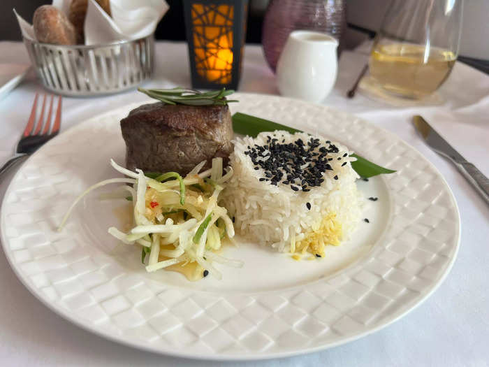 For my main, I chose the grilled beef tenderloin with satay sauce, rice, and Japanese vegetables.