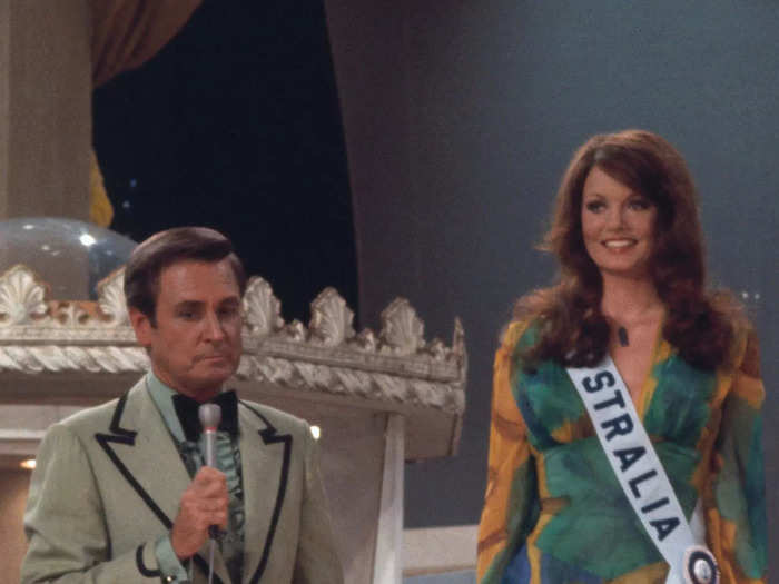 Kerry Anne Wells wore a muted, flowy dress at the 1972 Miss Universe competition.