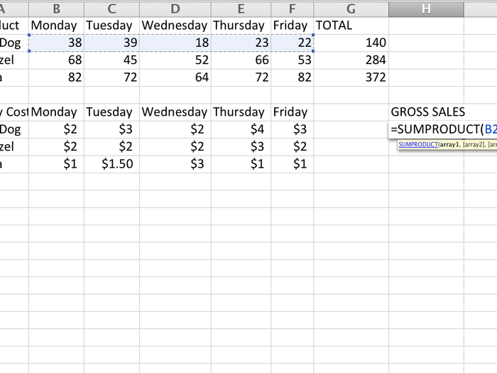 With SUMPRODUCT, we select the array of Hot Dogs from the first table.