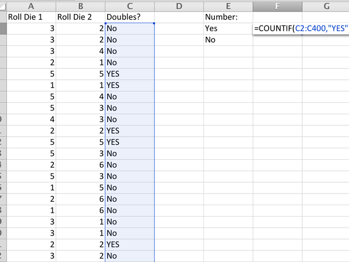 Then we tell it what we want it to count. In this case, we want to know how many times the counter finds "YES" in column C, which will tell us how many times we rolled doubles.