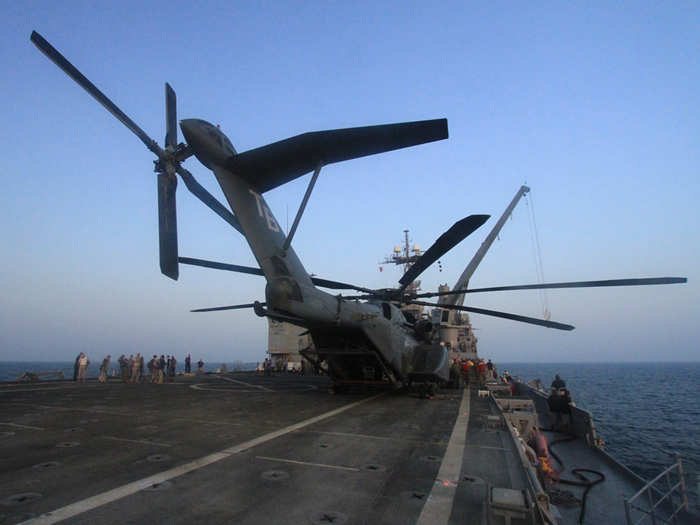 The Ponce is an Austin Class ship that can hold multiple MH-53E minesweeping helicopters on deck