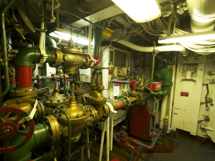 The ship is more than four decades old and maintaining it is a constant concern — these pipes are in a main hallway on the way to crew sleeping quarters