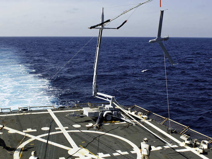 Captured by flying into these wire cables*, the Scan Eagle can be fitted with day and nighttime cameras