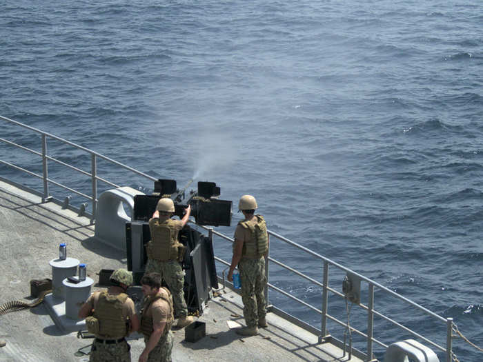 The Scan Eagle is unarmed, but the ship has eight of these .50 caliber machine guns