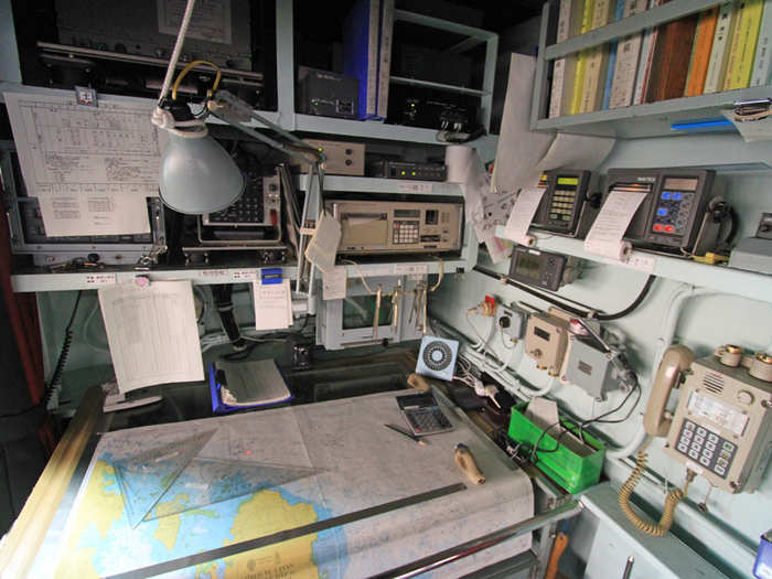 The charting station is similar to those on US ships and the thermal printouts are all in English