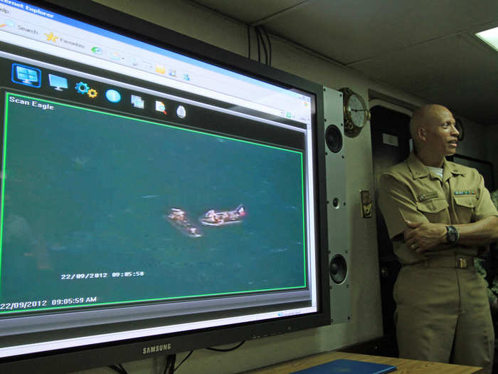 From above, the Scan Eagle starts feeding back live and close-up images of how the teams are faring about seven miles from the Ponce