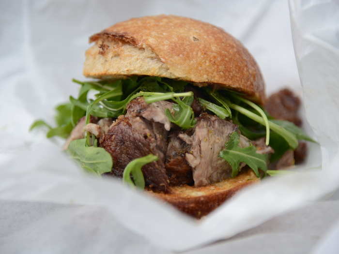 In the U.S. you can find these porchetta sandwiches on food carts. Porchetta is an Italian-style pulled pork, and here it