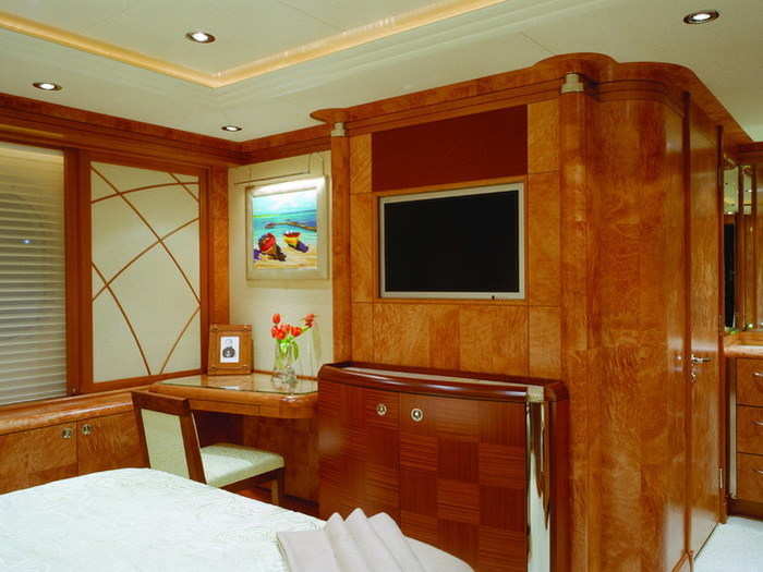 Only the master suite is on the main deck. It has a study area, walk-in closet, and dressing room.