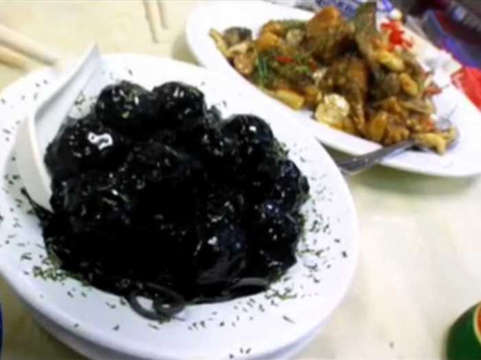Then they had fish head with noodles and black squid balls.