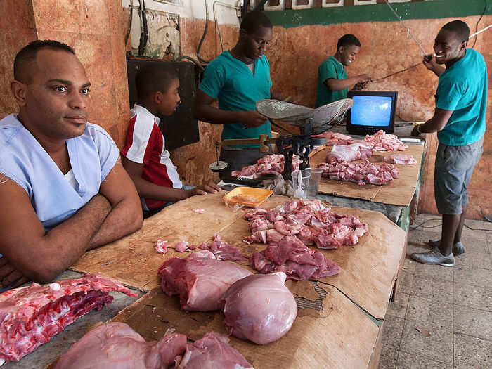 Produce and meat are sold at agros, at prices set by the state. The meat is mostly pork, and while it