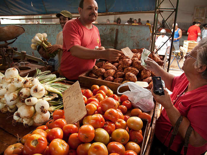 Fresh produce is hard to come by and expensive. For example, one eggplant costs about US$0.40. Many Cubans spend a good chunk of their monthly income on fruits, vegetables, and meats.