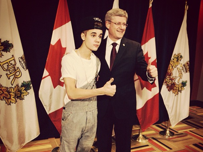 Bieber hit a fashion low point when the native Canadian accepted the Diamond Jubilee medal from the Canadian Prime Minister — wearing overalls.