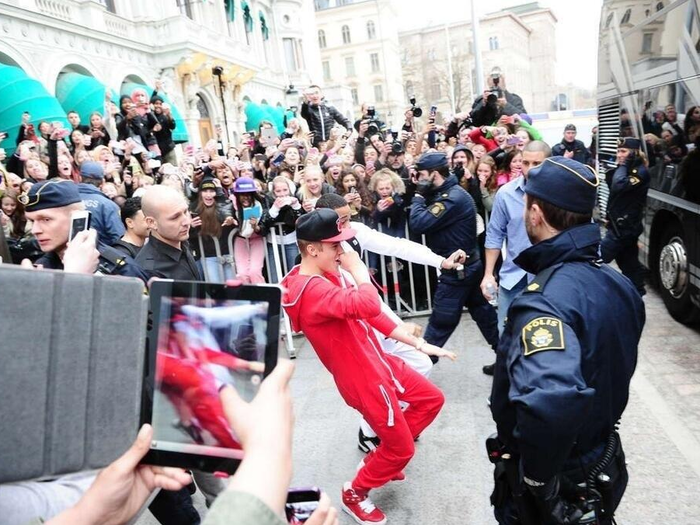 Justin wore a red onesie during a Sweden concert stop. His tour bus was later raided by police who found marijuana.