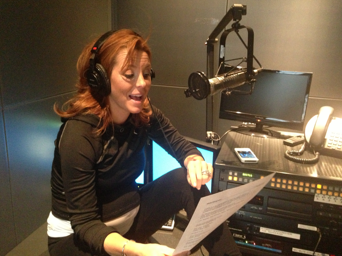 Here I am doing a voiceover in the audio booth for our upcoming "Business of Being Ivanka Trump" package--shoes, bags, hotels, TV shows!