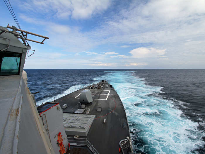 The final test threw the ship in reverse — this is the bow trailing a wake as the ship sailed backward.