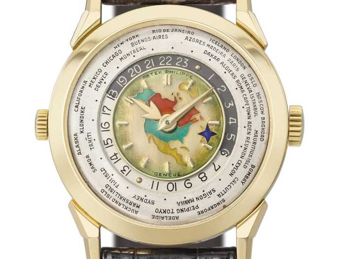 #11 A Patek Philippe two-crown world time wristwatch depicting North America sold for $2.99 million at a Christie