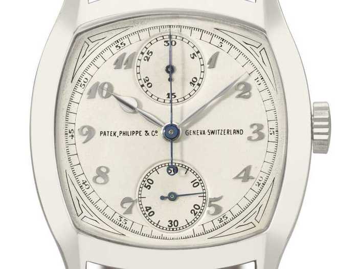 #8 This 1928 Patek Philippe 18-carat, white gold, cushion-shaped, single button chronograph wristwatch sold for $3.6 million at Christie