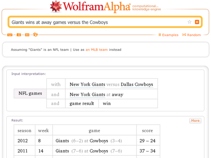 12. Never again will you lose a bar bet over sports with Wolfram Alpha at your side.