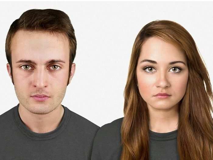 20,000 YEARS FROM NOW: Humans will have a larger head to accommodate a bigger brain. The human face will not have changed much from today, except that the forehead will be noticeably too large. A yellow ring around the subjects