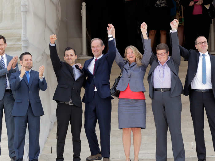 Two of the couples that made up the plaintiff team in the same-sex marriage cases celebrated on the steps of the Supreme Court following the ruling.