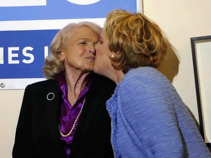 Edith Windsor, the plaintiff in the DOMA case, got a kiss from her lawyer Roberta Kaplan at a news conference following the decision.