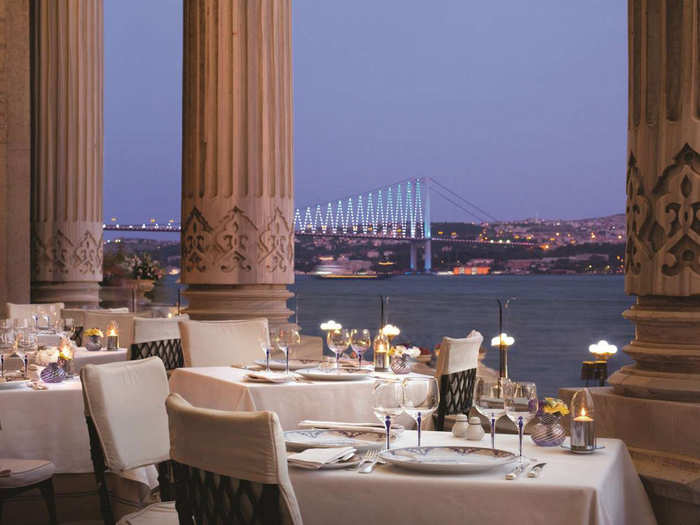 Dine on Ottoman food while overlooking the Bosphorus in the Ciragan Palace, an 18th-century Ottoman Palace in Istanbul, Turkey.