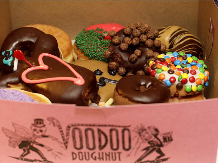 Sink your teeth into the voodoo doll-shaped doughnut, stuffed with jelly, at Voodoo Doughnut in Portland, Oregon.