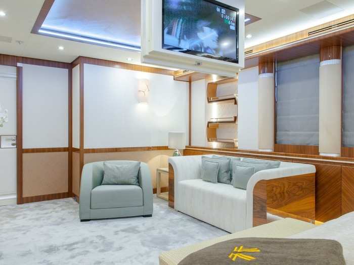 Although the yacht has a full cinema with an enormous screen for movies, almost every room features a smaller screen for guests.