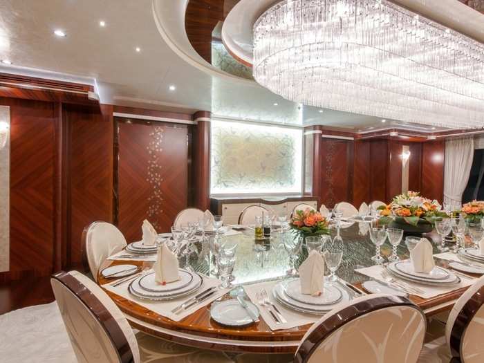 The yacht features a crystal-encrusted dining room that can seat up to 16 for formal entertaining...