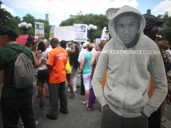 Protests in New York began on Sunday with a planned afternoon rally in Union Square. Many held signs with the words "We Are All Trayvon Martin."