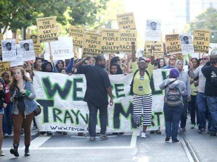 Between 200 and 400 people turned out in San Francisco, with many carrying signs that read, "The People Say Guilty."